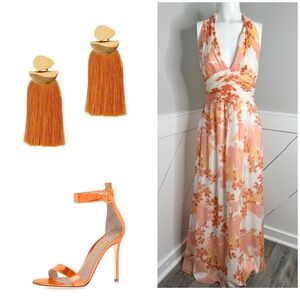 KAY UNGER ORANGE WHITE SILK  FLORAL HALTER DRESS. FORMAL/ SIZE 10